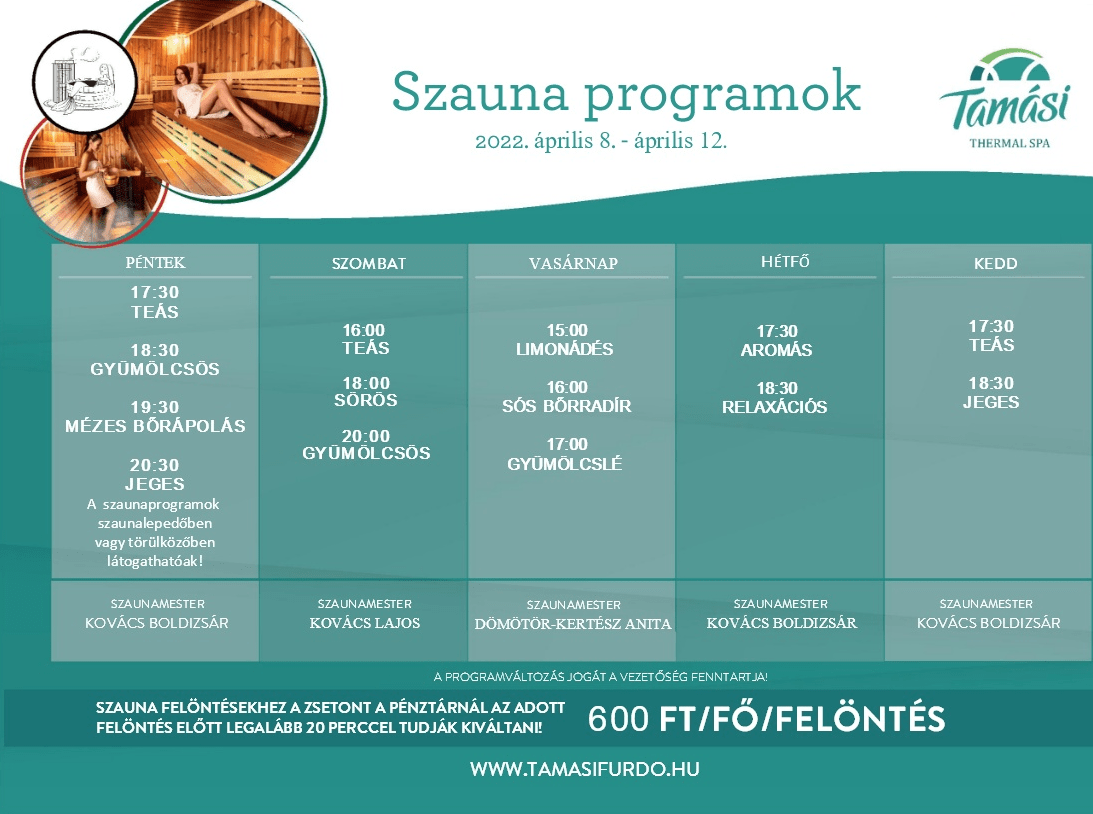 Szaunaprogramok 04.08 – 04.12.