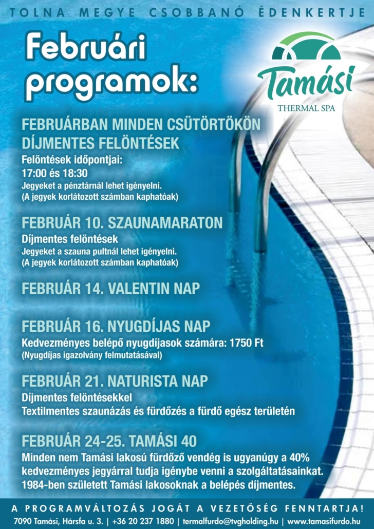 Tamási termálfürdő februári programok 2024